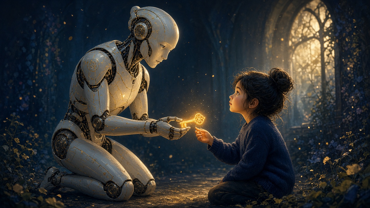A white robot kneeling to hand a glowing golden key to a young girl in a dim, magical hall.