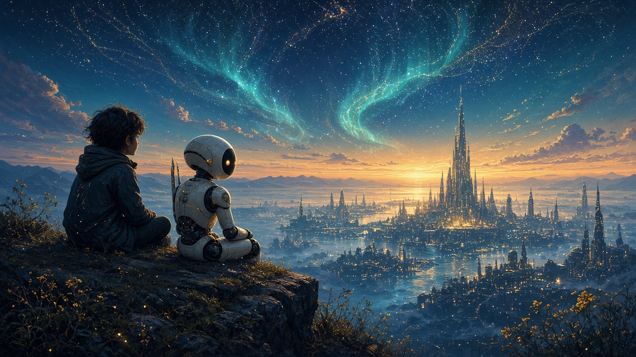A boy and a small robot sit on a rocky cliff at sunset, gazing over a futuristic city under a teal aurora.
