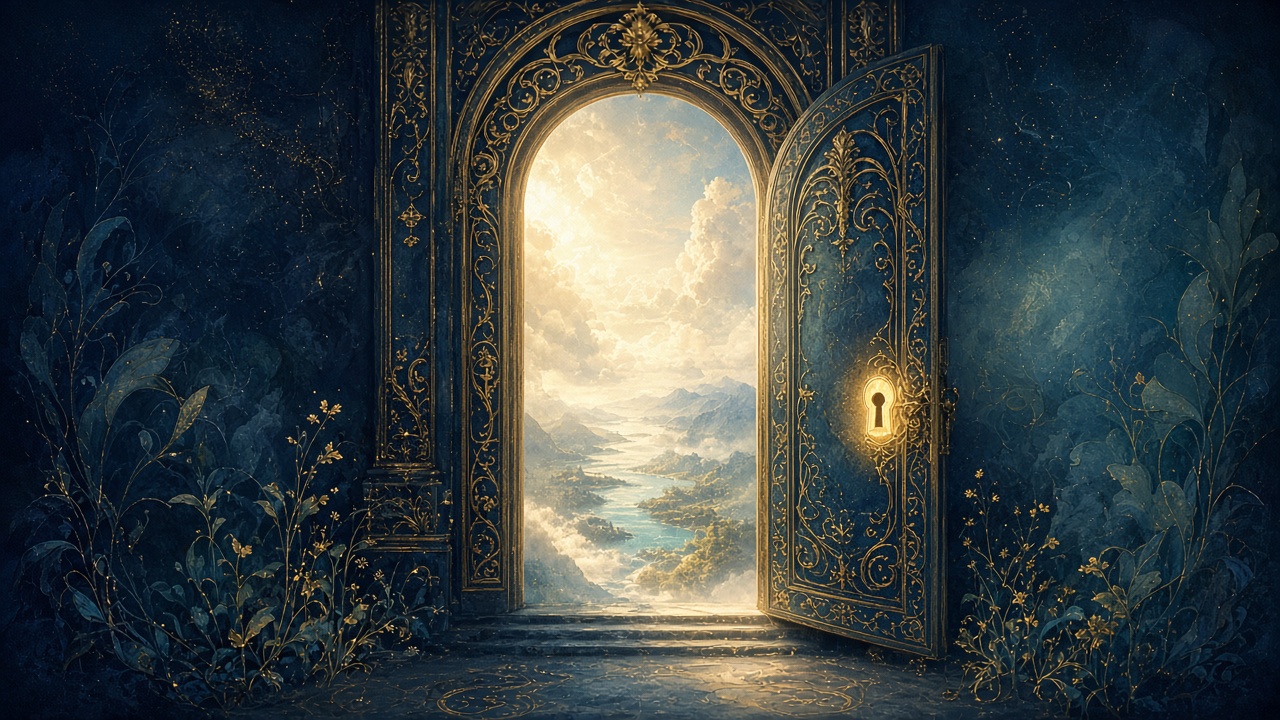 An ornate midnight-blue door with gold filigree opens onto a sunlit world of misty mountains and a river.