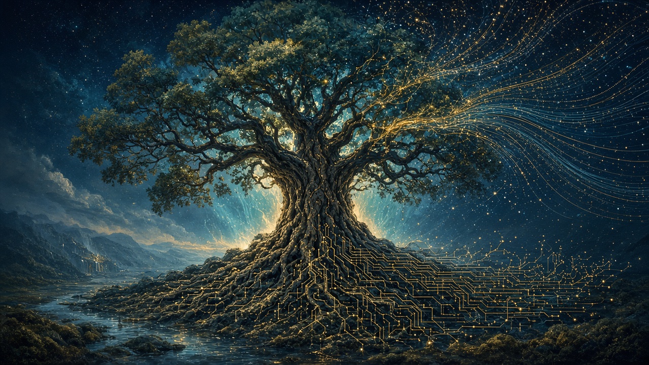 An ancient tree stands in a dark landscape, its roots and branches glowing with golden circuit-board light.