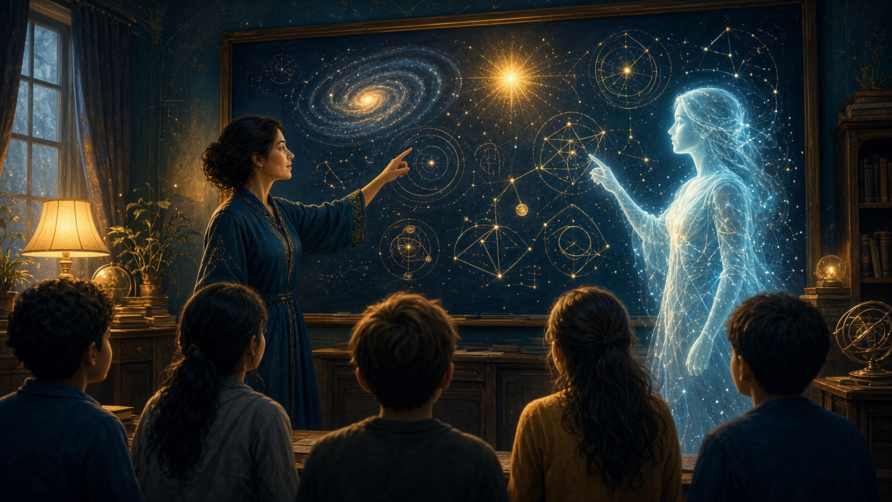 A teacher and a glowing hologram point at a celestial diagram on a blackboard before five seated children.