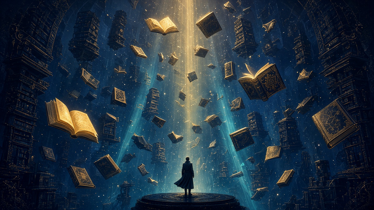 A lone figure on a stone platform in a vast library as books float through the air around a beam of light.