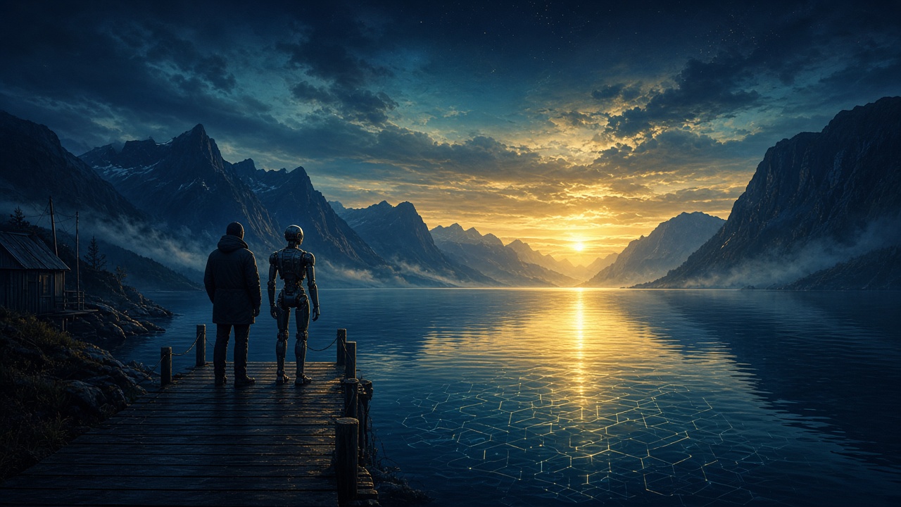 A man and a robot stand on a wooden dock at sunrise, looking across a calm mountain lake.