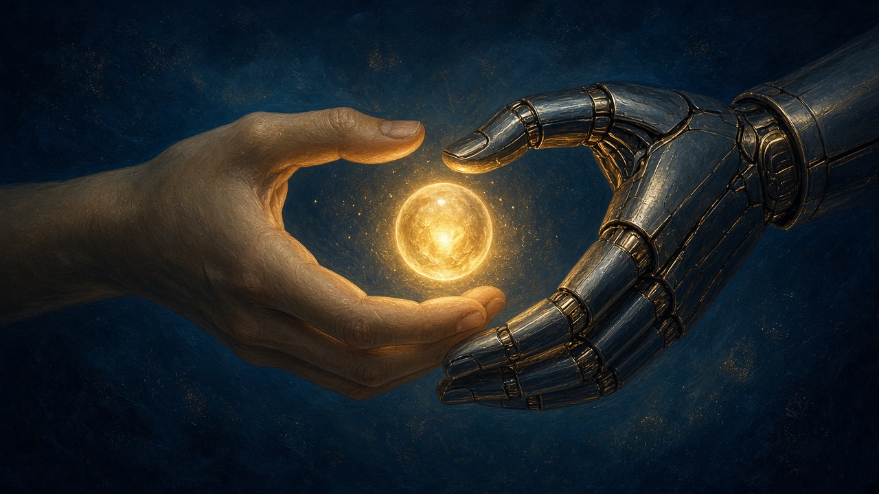 A human hand and a robotic hand reach toward each other, nearly touching a glowing golden orb between them.