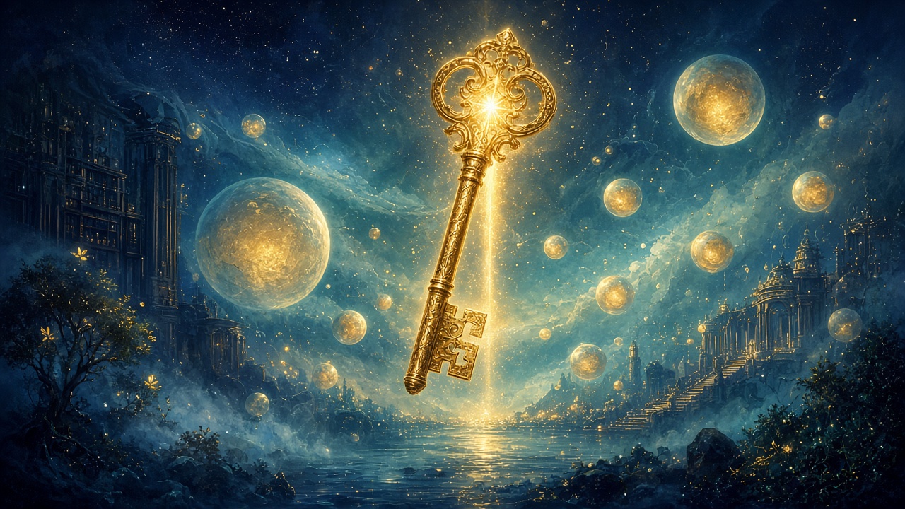 The Key — a glowing golden skeleton key floating among luminous orbs over a cosmic palace and star-filled teal sky.